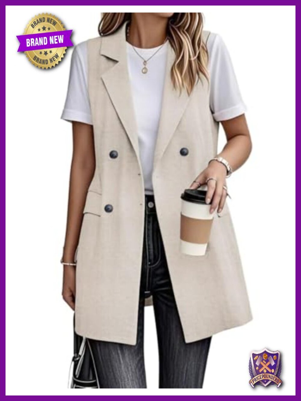 Women's Cotton Linen Sleeveless Long Vest Blazer Jacket